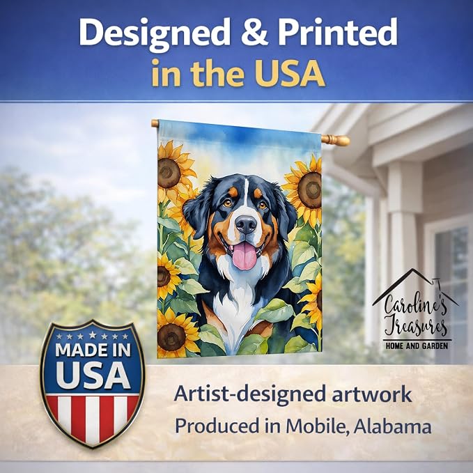 Caroline's Treasures DAC6026CHF Bernese Mountain Dog in Sunflowers House Flag Large Porch Sleeve Pole Decorative Outside Yard Banner Artwork Wall Hanging, Polyester, House Size, Multicolor