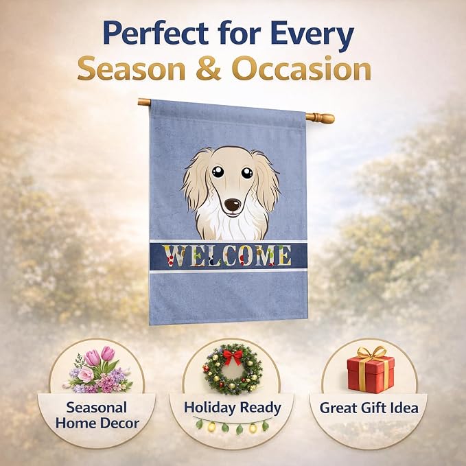 Caroline's Treasures BB1398CHF Longhair Creme Dachshund Welcome House Flag, Blue Large Porch Sleeve Pole Decorative Outside Yard Banner Artwork Wall Hanging, Polyester, House Size, Multicolor