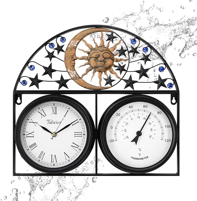 17Inch Large Outdoor Clock,Waterproof Wall Clock with Thermometer,Weatherproof Non-Ticking Quartz Battery Operated Decor Clock for Patio,Garden,Pool,Porch,House Warming Gifts