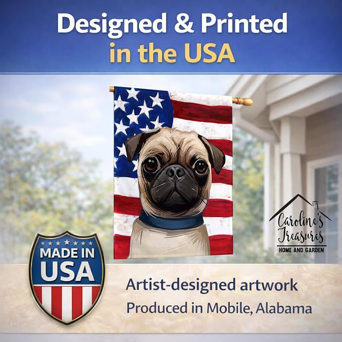 Caroline's Treasures CK6665CHF Pug Dog American Flag House Flag Large Porch Sleeve Pole Decorative Outside Yard Banner Artwork Wall Hanging, Polyester, House Size, Multicolor