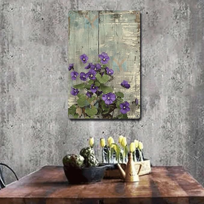 Metal Sign Tin Sign Vintage Wall Art Shabby Chic Violets Tin Sign for Antique Artistry Delicate Vintage Paintings and Distressed Wood Metal Sign for Pub 6×8 Inches