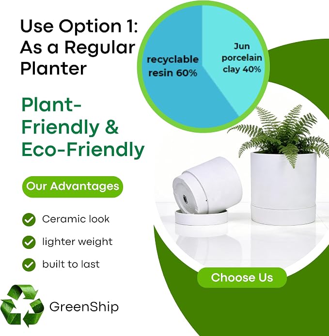 GreenShip Planter Set of 2 (9.8" & 7.8") – Dual-Use Self-Watering or Traditional Indoor Cylinder Flower Pots with Saucers & Side Drainage – Durable Lightweight Clay & Resin Blend