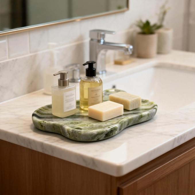 Natural Marble Decorative Tray, Cloud Shape, Modern Style, Polished Finish, Bathroom Kitchen Counter Vanity Organizer (Green-Marble-Diagonal)