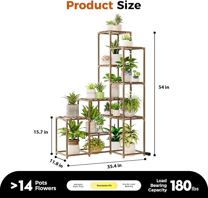 Bamworld Corner Plant Stand With Grow Lights - Tall Shelf Indoor Outdoor for Multiple Plants - Wood Table 7 Pots Flower Stands for Living Room Rack