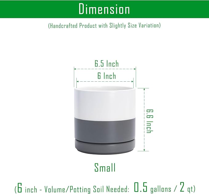 D'vine Dev 6.5 Inch Ceramic Planter Pot with Drainage Hole and Saucer, Indoor Cylinder Round Flower Pot, White/Speckled Grey, 94-O-C-6