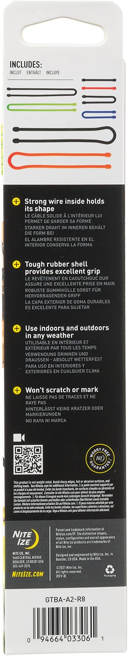 Nite Ize GTBA-A2-R8 Original Gear Tie, Reusable Rubber Twist Tie, Made in the USA, Assortment, 8 Pack