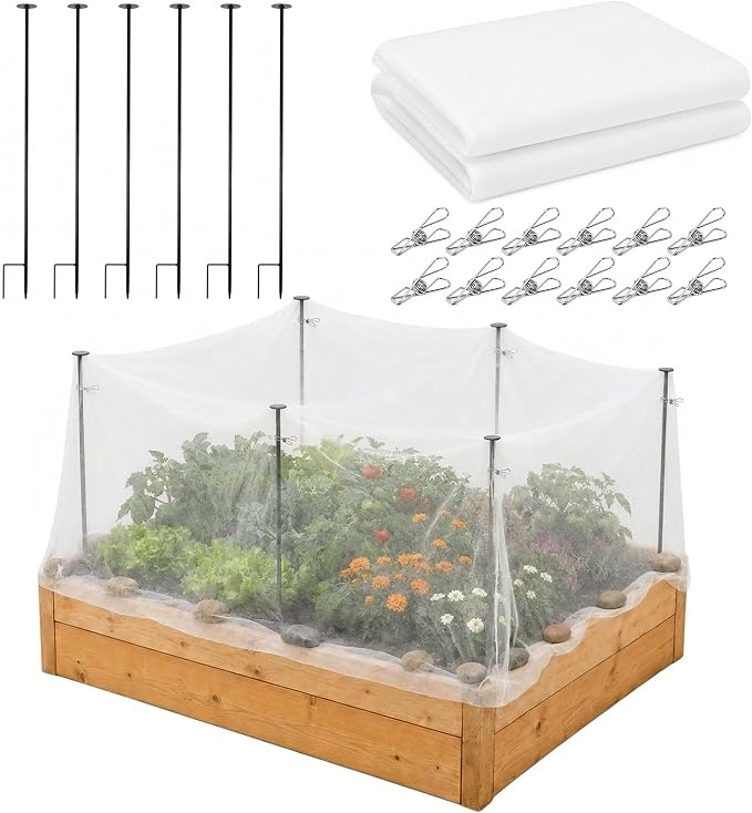 DECOHS Metal Garden Shading Cloth Kit, 6 Pack 2.6ft Raised Garden Bed Sunshade Support Stakes with 13x10ft Non-Woven Fabric, 12 pcs Clips for Protect Plants Vegetable from Direct Sunlight Heat Sunburn