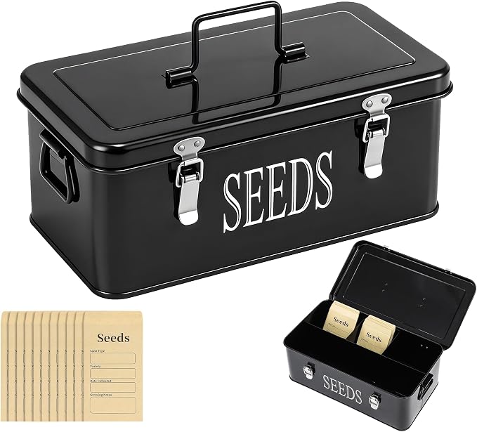 Premium Seed Organizer Box with Internal Compartments and Divider Tabs. (Black)