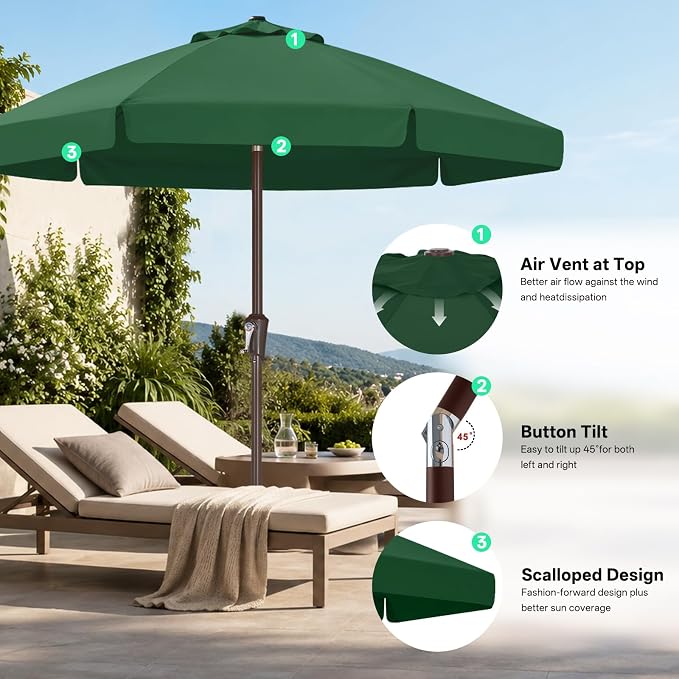 ABCCANOPY 7.5ft Scalloped Patio Umbrella, Outdoor Table Umbrella with Tilt and Crank, Fiberglass Ribs Deck Umbrella for Patio, Pool, Garden, Picnic (Green)