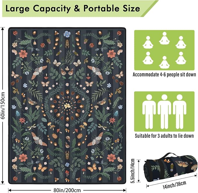 Mushroom Picnic Blankets Waterproof Foldable, 60″X80″ Packable Picnic Mat Insect Outdoor Blanket for Grass, Boho Large Beach Blanket Sandproof Picnic Accessories for Camping Music Festival Park Lawn