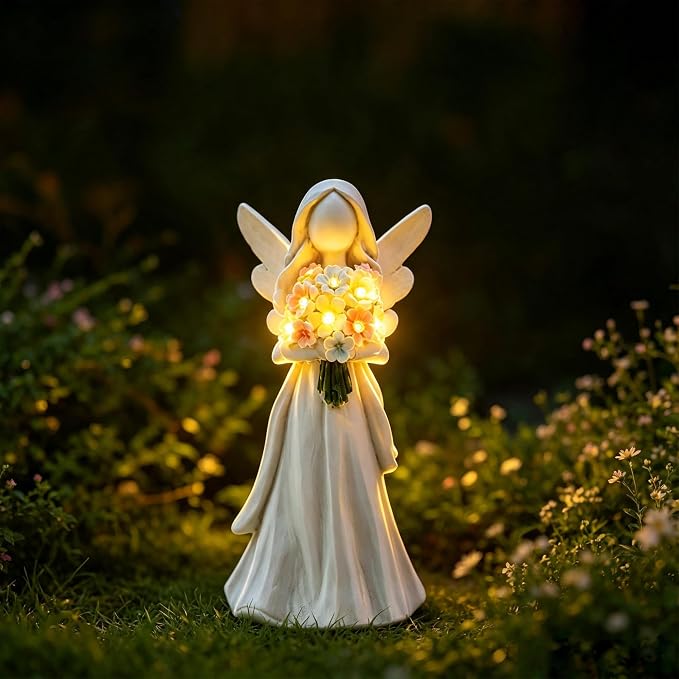 Solar Angel Statue with Bouquet LED Light Garden Decor | Hand-held flower bouquet design, solar powered LED auto-on at dusk, gifts for mom grandma, for patio yard lawn porch