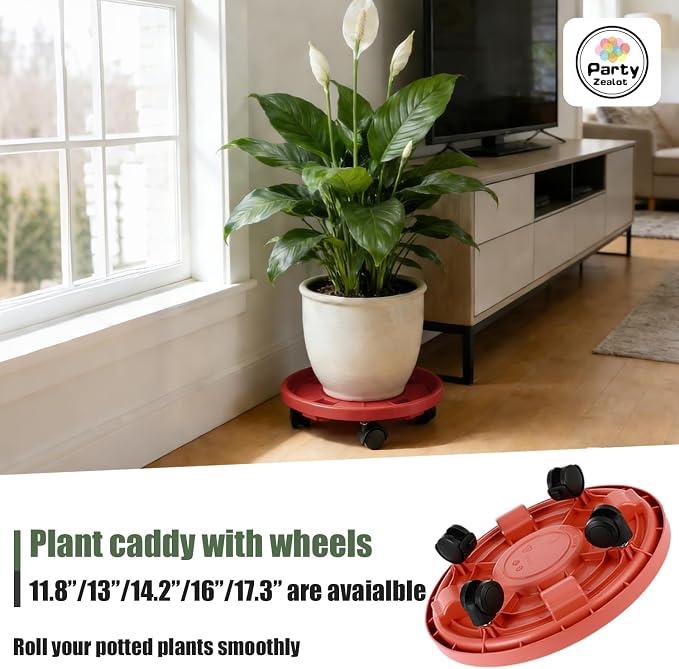 5-pack 14.2" Large Plant Caddy with Wheels Plastic Plant Dolly with Locking Caster Flower Pot Mover Rollers Wheeled Rolling Plant Stands Round Plant Saucer on Wheels Indoor Outdoor Base Coasters Red