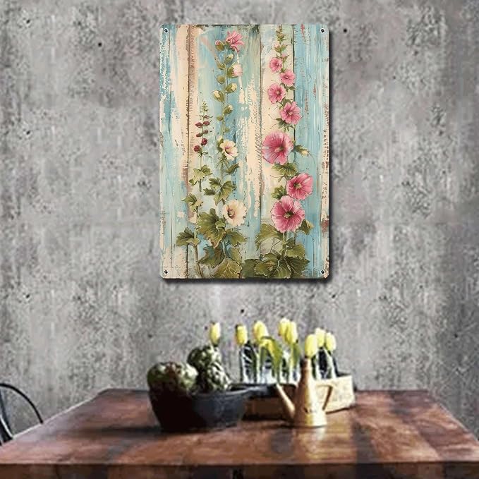 Metal Sign Tin Sign Vintage Wall Art Shabby Chic Hollyhocks Tin Sign for Rustic Grandeur Antique Artistry and Distressed Wood Surfaces Vintage Decor for Club 8×12 Inches
