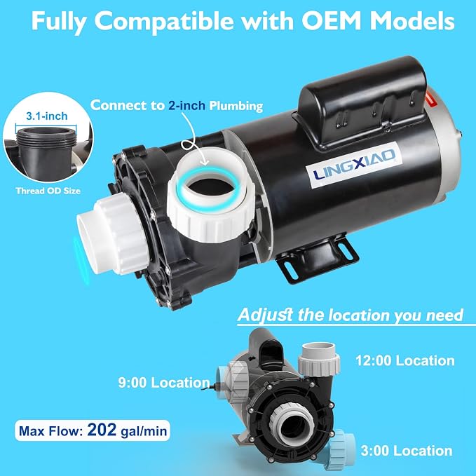 SPA Pump, Single Speed SPA Hot Tub Pump - 56 Frame LX SPA Pump Motor 4HP, 220-240V, 2" Port (Model: 56WUA400-I)