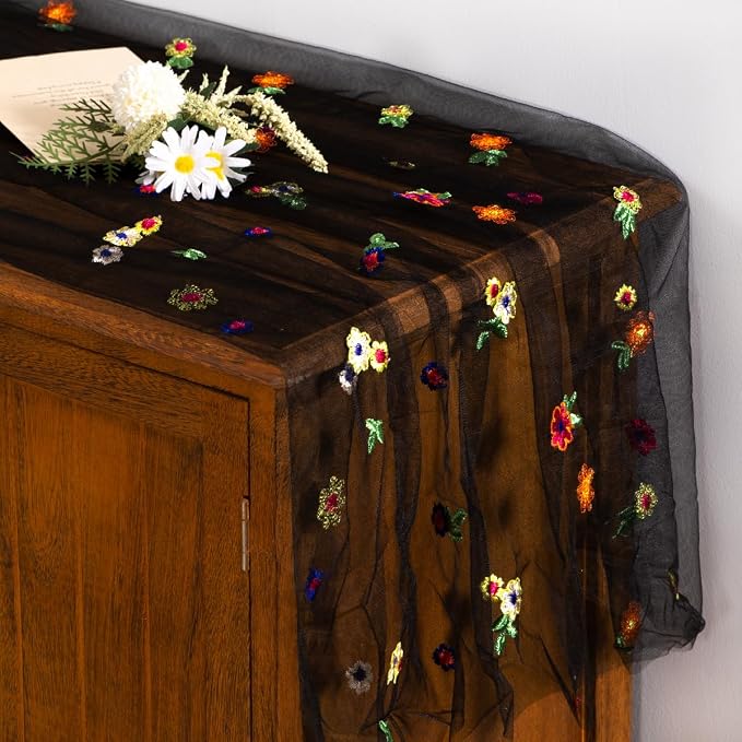 Socomi Flower Table Runner Summer Daisy Floral Tulle Gauze Cheesecloth Embroidery Table Runners for Tea Party Garden Wedding Bridal Baby Shower Birthday Picnic Decor Black 1pc