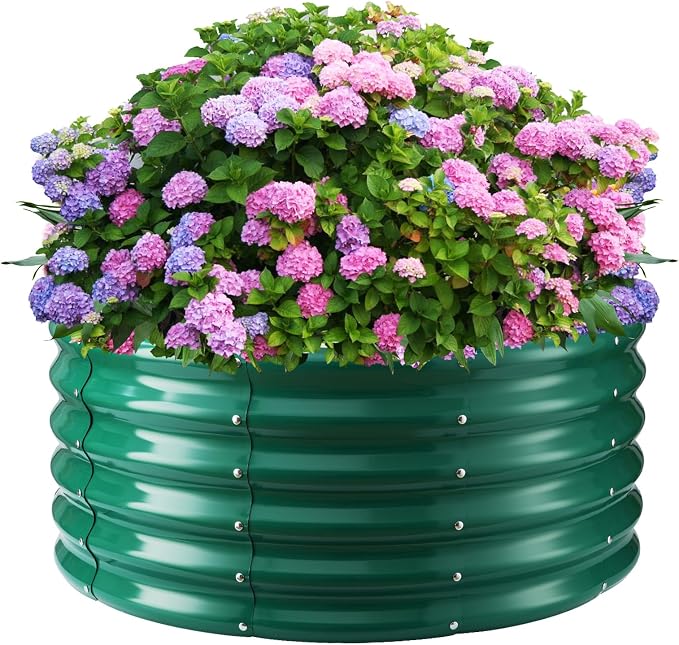 YSEJOMP 17" Tall Round Outdoor Garden Raised Garden Bed Kits-0.8MM Thick Metal Raised Planter Bed/Ground Planter Box for Variety of Flowers,Herbs,Vegetables,Trees (Dark Green, 40 Dia X 16.5 inches)