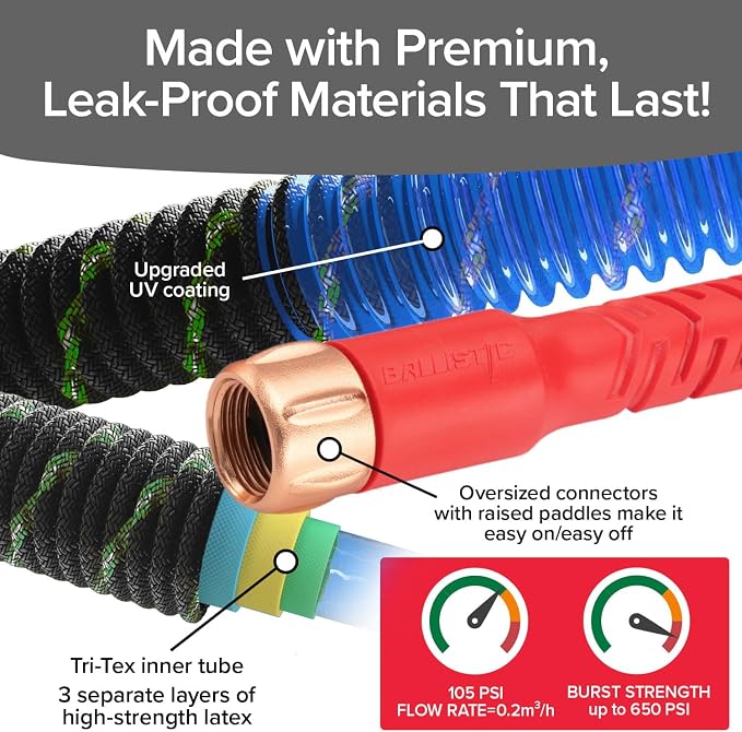Pocket Hose Ballistic Double UV Edition 100 FT Expandable Garden Hose w/Pocket Pivot Swivel Connector, Anti-Burst Sleeve Reinforced w/Bulletproof Fiber, Lightweight, No-Kink, Compact, AS SEEN ON TV