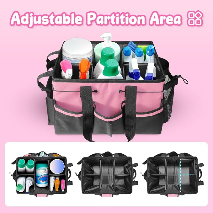Large Wearable Cleaning Caddy Bag – Waterproof Tote with Multiple Compartments, 4 Detachable Dividers, Adjustable Shoulder Strap & Waist Belt, Heavy-Duty Organizer for Housekeepers, Home, Car -Pink