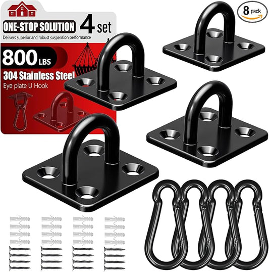 sprookber 304 Stainless Steel Pad Eye Snap Hooks, M6 Heavy Duty Ceiling Hooks, 800 lb Capacity Hammock Swing Hanging kit, Plant Hangers, Marine Hardware Staple Hook Loop with Screws, Set of 8(Black)