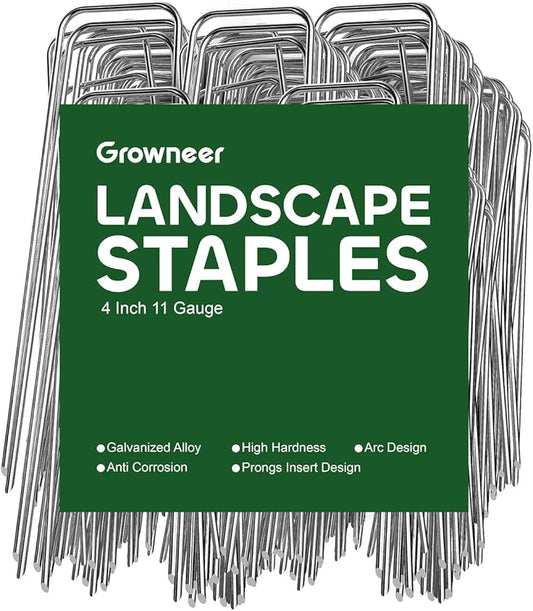 GROWNEER 50 Pack Landscape Staples 4 Inch 11 Gauge Heavy Duty Hot-Dip Galvanized Steel Garden Stakes U-Shaped Weed Barrier Spikes Metal Ground Pins for Lawn and Yard Landscaping