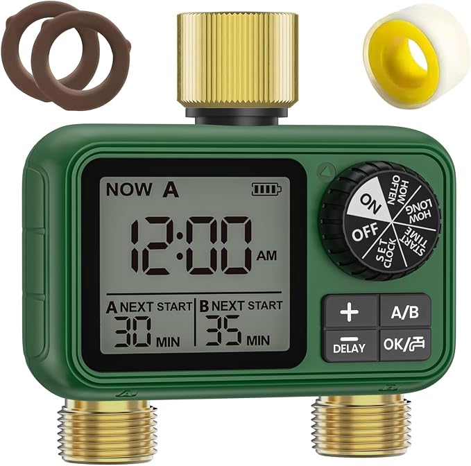 Water Timer for Outdoor Garden Hose, Sprinkler Timer for Garden Faucet with Auto/Manual/Rain Delay Mode, Sprinkler Irrigation Controller for Yard Lawn (2 Zones Brass Inlet & Outlet)