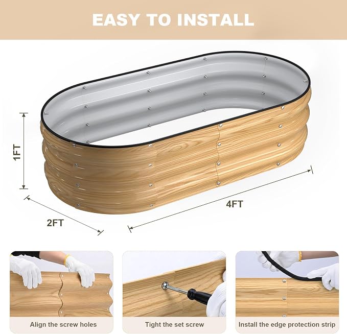4x2x1FT Galvanized Raised Garden Beds,Raised Garden Bed with Safety Edging and Gloves,Oval Metal Planter Box for Gardening Vegetables Flowers Herb-Natural Oak