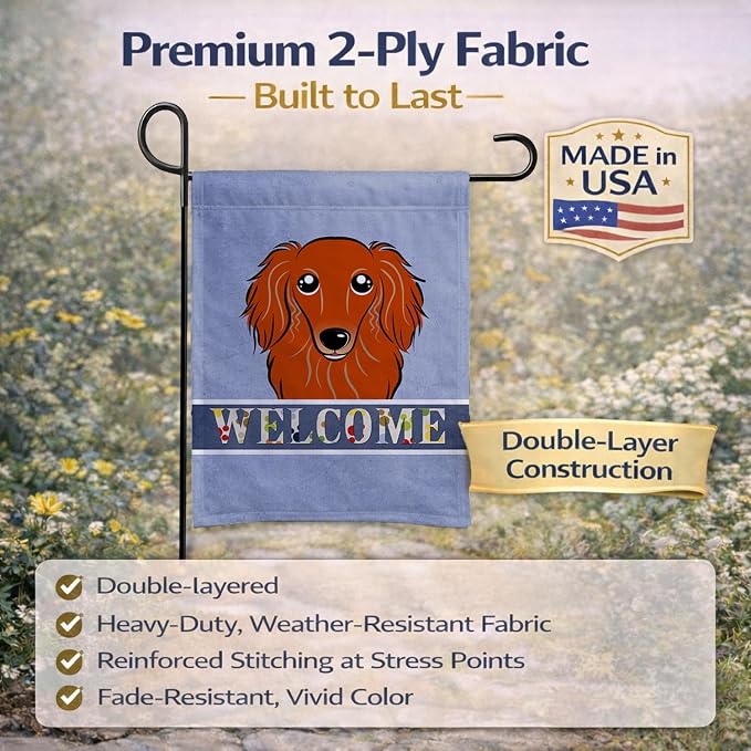Caroline's Treasures BB1400GF Longhair Red Dachshund Welcome Garden Flag, Blue Mailbox Flag Decorative Yard Flag Banner Outside Patio Artwork Yard Flower Beds, Garden Size, Multicolor