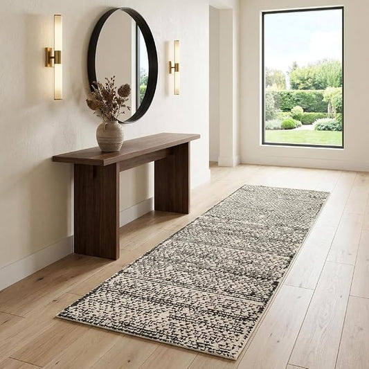 Unique Loom Morocco Collection Abstract Border, Diamond, Bohemian Area Rug (2' 7 x 10' 0 Runner, Ivory/Black)