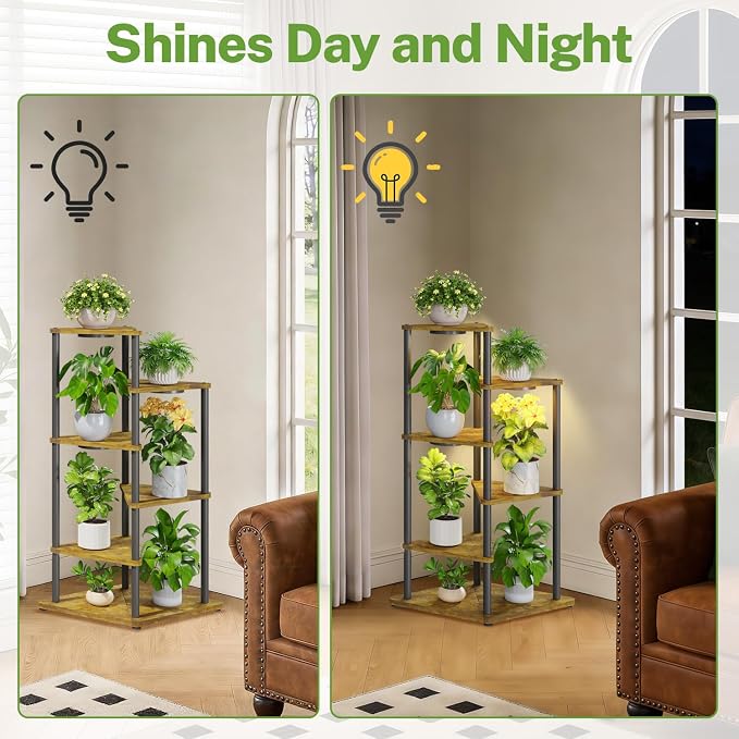 iDavosic.ly Tall Plant Stand with Grow Lights for Large & Heavy Duty Planters, 5 Tier Indoor Corner Flower Shelf with Wooden Trays & Metal Frame, Orchid Rack for Living Room Balcony, Black & Brown