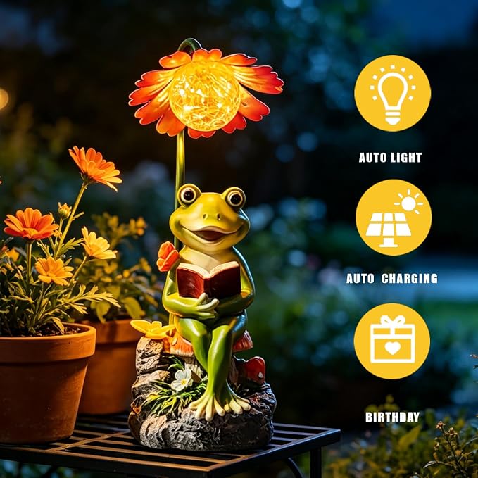 COWOS Solar-Powered Frog Garden Statue with Glowing Flower Light, Miniature Resin Figurine for Outdoor Patio, Yard, Lawn Decor