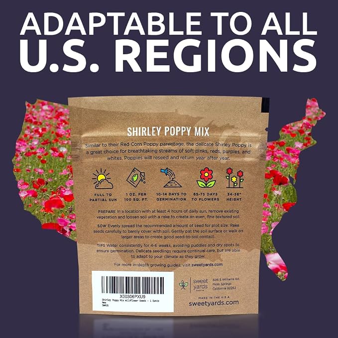 Shirley Poppy Seeds – Mixed Colors – Extra Large Packet – Over 200,000 Open Pollinated Non-GMO Wildflower Seeds – Papaver rhoeas