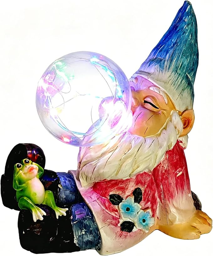 Solar Garden Gnome Statue with Colorful Glowing Bubble Light | Waterproof Resin Garden Statue, Outdoor Garden Decor for Patio, Yard, Lawn & Pathway, LED Figurine Light, 7.6 Inch