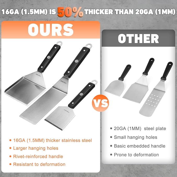 onlyfire BBQ Spatula Set for Camping/Backyard BBQ - Heavy Duty Stainless Steel Griddle Accessories Kit with Enlarged Spatula, Scraper and Long Spatula - Set of 3