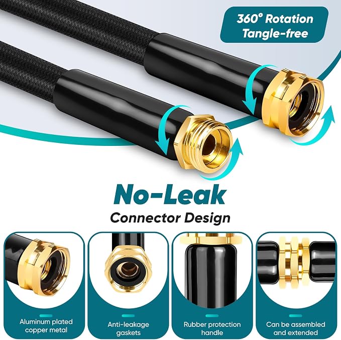 Garden Hose 100FT Non-Expanding, Lightweight Hose With 10-Function Nozzle, Leak-Proof No-Knot, Easy to Carry, Wear-Resistant, Sturdy 3/4GHT Flexible Water Hose for Outdoor (Black）