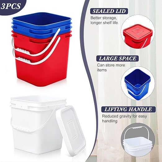 Mumufy 3 Pcs 3.5 Gallon Square Food Grade Bucket with Lid Square Bucket Pail Plastic Handles for Long Term Food Storage, Camping, Fishing, Home Organization Easy Stack and Store (White,Red,Blue)