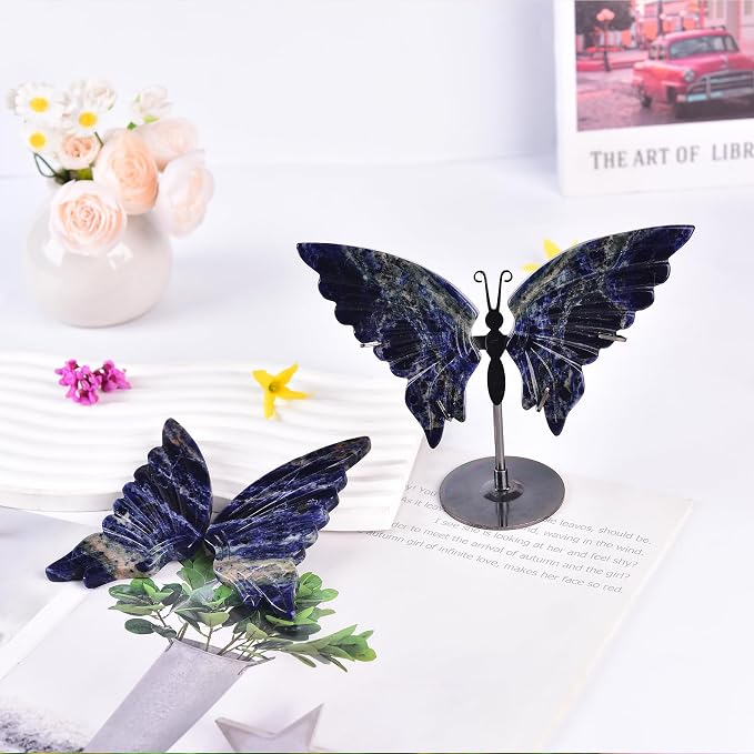 JIC Gem Large Blue Sodalite Quartz Crystals Butterfly Art Decorative Stones Natural Blue Rocks Healing Crystal Carved Angel Wings with Display Decor Reiki Gifts (1pair, 10cm)