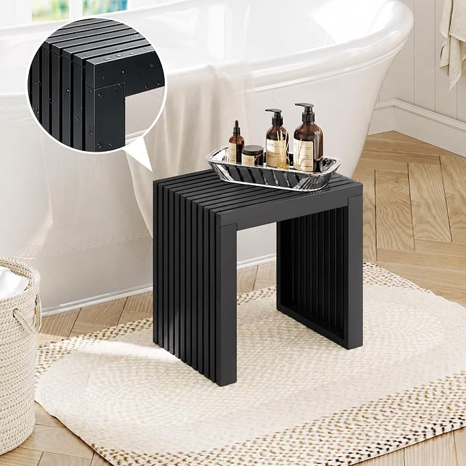 Bamboo Dining Bench, 18'' Slatted Design Entryway Bench, Black | Modern Solid Bamboo Seating Bench for Indoor & Outdoor Use, Ideal for Kitchen, Hallway, Bedroom