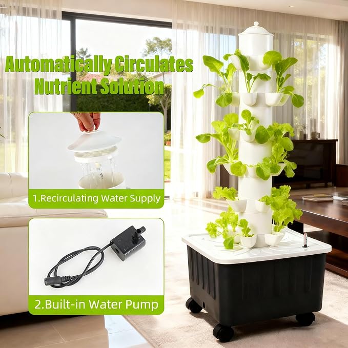 Hydroponics Growing System, Indoor Gardening System, Hydroponic Tower with 30 Liter Capacity Mobile Water Tank for Home, Balcony or Small Greenhouse Growing