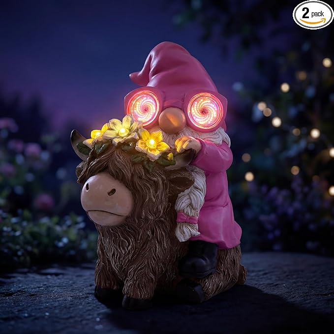 iStatue Solar Highland Cow Garden Statue with Animated LED Goggles - 8.7" Resin Gnome Figurine Moving Pixel Matrix Eyes Unique for Mom Women (Pink)