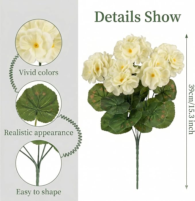 12 Pcs Artificial Geranium Flowers for Outdoor, UV Resistant Geraniums Artificial Flowers Realistic Faux Flowers Outdoor for Planters Outside Porch Garden Decor (15.3", White)