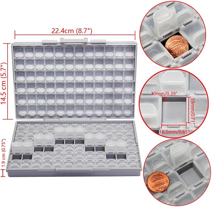 AideTek Box-all Enclosure for Surface Mount Components 1206 0805 0603 0402 0201 Size+ 198 White Labels 144 Compartments with Lid Hold up to 300pcs 1206 Resistor Capacitor