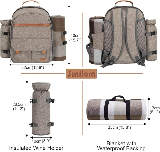 Sunflora Picnic Backpack for 4 Person Set Pack with Insulated Waterproof Pouch for Family Outdoor Camping (Brush Beige)