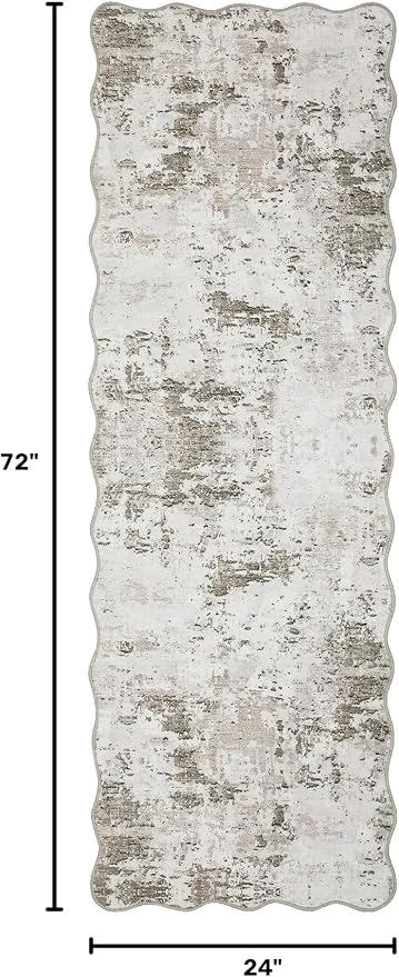 ROYHOME 2x6 Modern Abstract Scalloped Runner Rug Non Slip, Taupe | Soft Stain Resistant Low Pile Machine Washable Non Shed Rug for Hallway Kitchen Bathroom