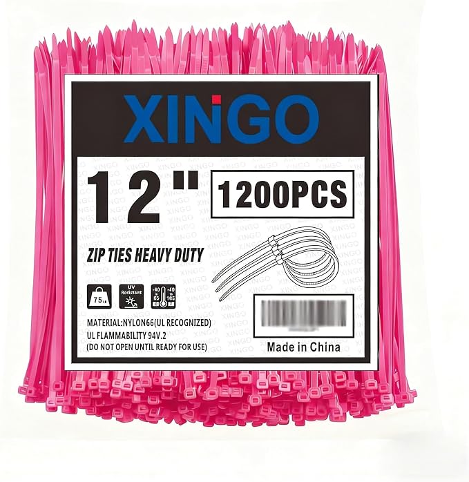 XINGO 12 Inch Pink Zip Ties 1200 PCS, 75 LBS Ultra Strong Tensile Strength, UV Resistant Cable Ties, Self-locking Plastic Ties for Indoor and Outdoor Use