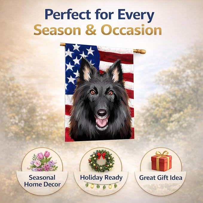 Caroline's Treasures CK6426CHF Belgian Groenendael American Flag House Flag Large Porch Sleeve Pole Decorative Outside Yard Banner Artwork Wall Hanging, Polyester, House Size, Multicolor