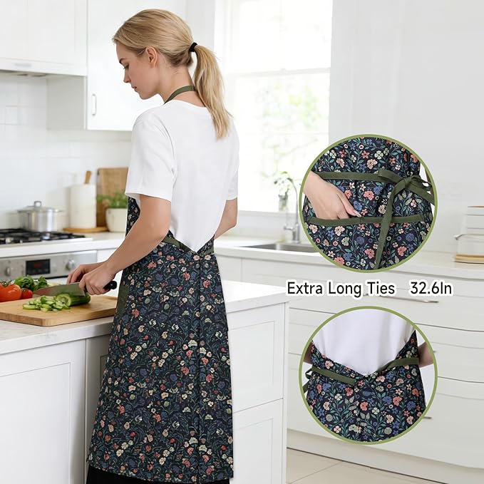 Women's Vintage Floral Kitchen Apron for Cooking & Gardening | Adjustable Neck Straps & Large Pockets, Cute Pinafore for Baking Tea Time, Practical Hostess Gift(Pink/Blue Flowers)