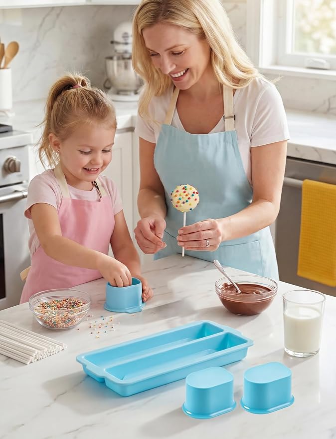 WDAHDHP Round Cake Pop Mold Set, Including 2Pcs Circle Cake Pop Cutter, 9 Inch Tray and 100Pcs Lollipop Sticks for Home Desserts Making Accessories, Blue