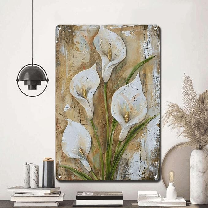 Metal Sign Tin Sign Vintage Wall Art Serene Peace Lily Tin Sign for Vintage Wall Decor Shabby Chic Style and Distressed Wood Panels Bathroom Decor for Club 12×16 Inches