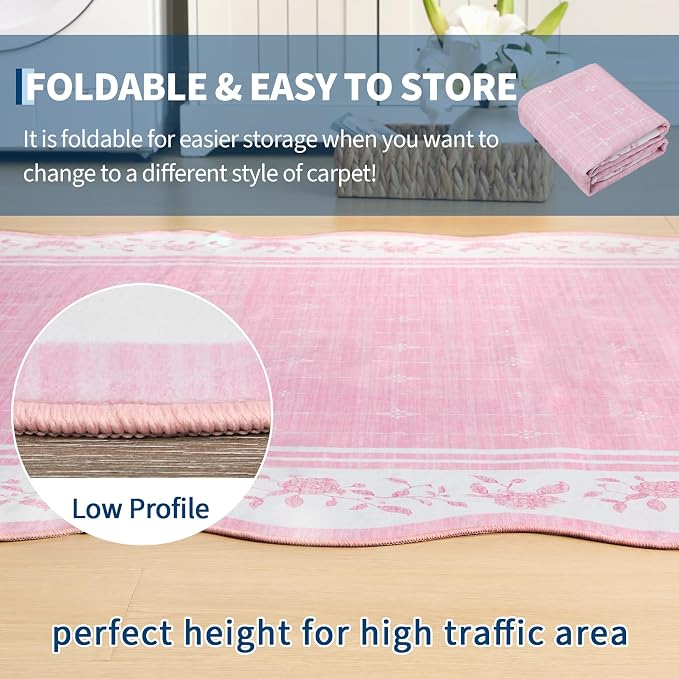 Garvee 2x6 Runner Rug Scalloped Kitchen Runner Rug Entryway Runners Pink | Washable Non Slip Modern Bordered Foldable Thin Accent Carpet Low Pile Soft Nursery Rugs for Hallway Bathroom Bedside Laundry