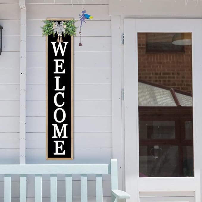 Welcome Sign for Front Porch Standing 45"X9" Large Vertical Farmhouse Outside Front Door Sign Leaner Tall Vintage Outdoor Wreath Patio Garden Wood Framed Decorations (Wood Black)